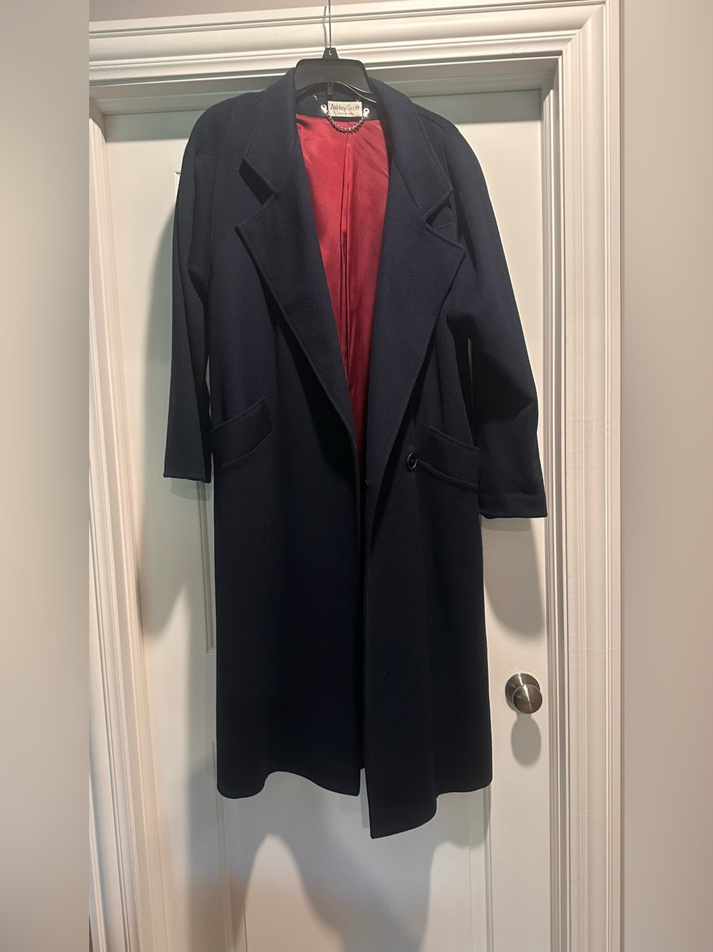 VTG Ashley Scott 100% Wool Maxi Coat Navy Blue Red Lining L/XL